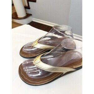 Olukai Paniolo Wedge II Gold Leather Thong Sandals Size 37 US 7 Comfort Slip On